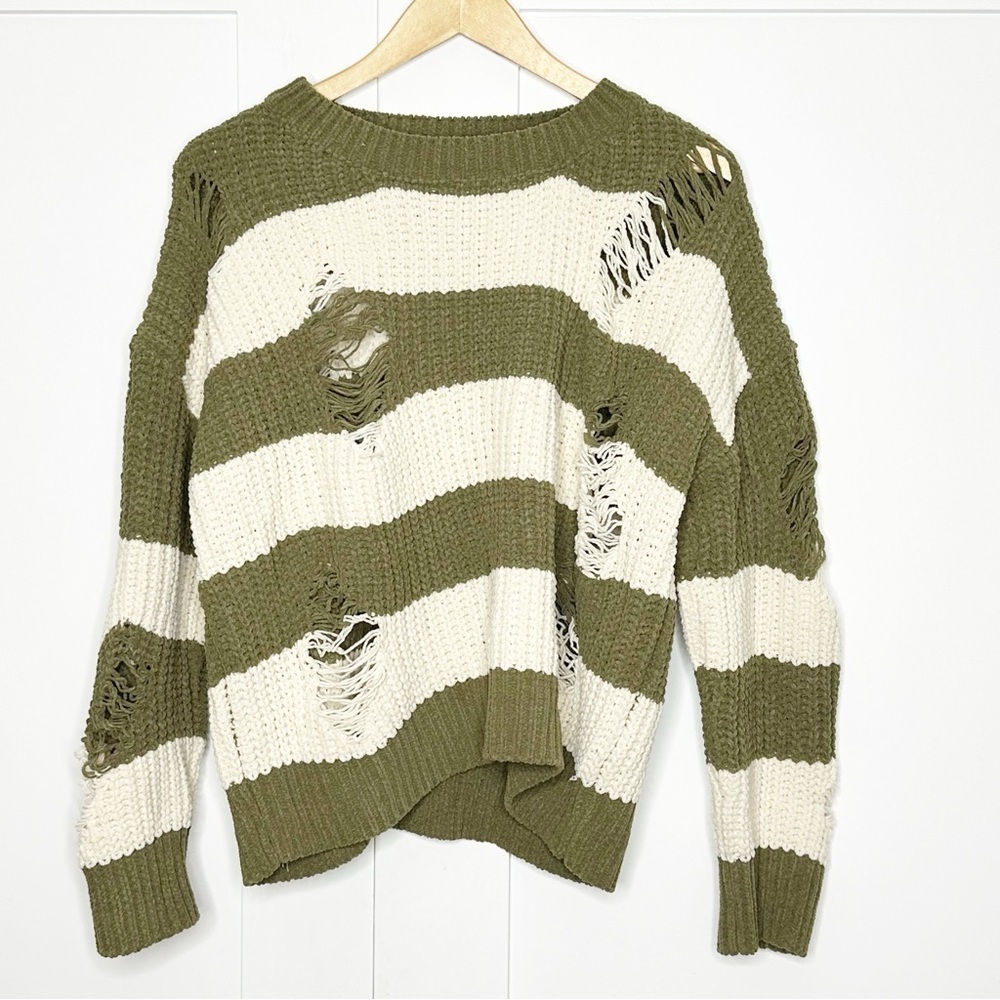 POL Distressed Stripe Sweater Small Chenille olive cream stripe oversized urban